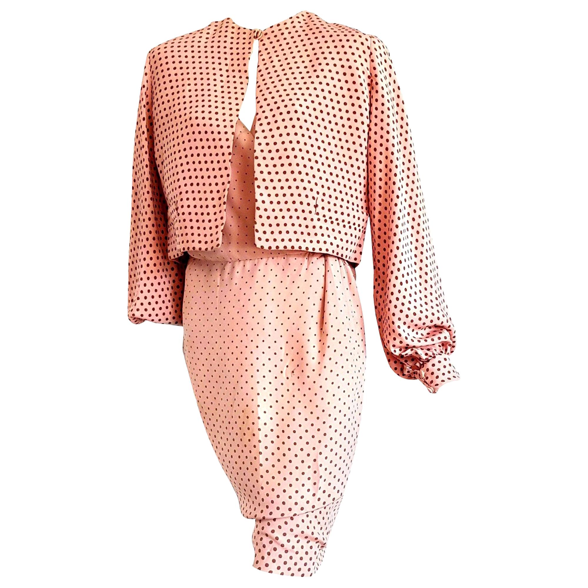 VALENTINO "New" Haute Couture Pink with Brown Polka Dots Silk Dress - Unworn For Sale