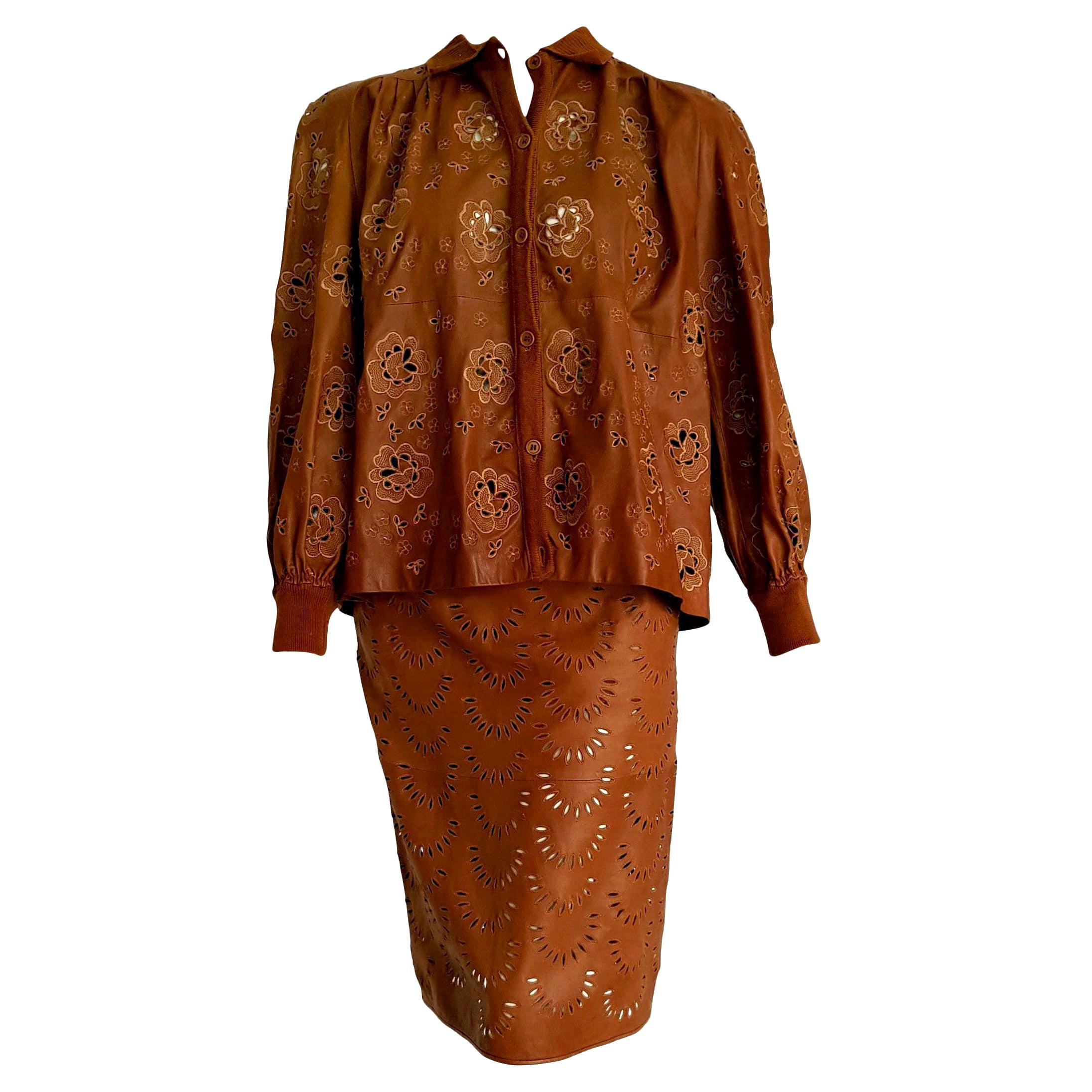 VALENTINO "New" Perforated Brown Leather Silk Embroidered Skirt Suit - Unworn For Sale