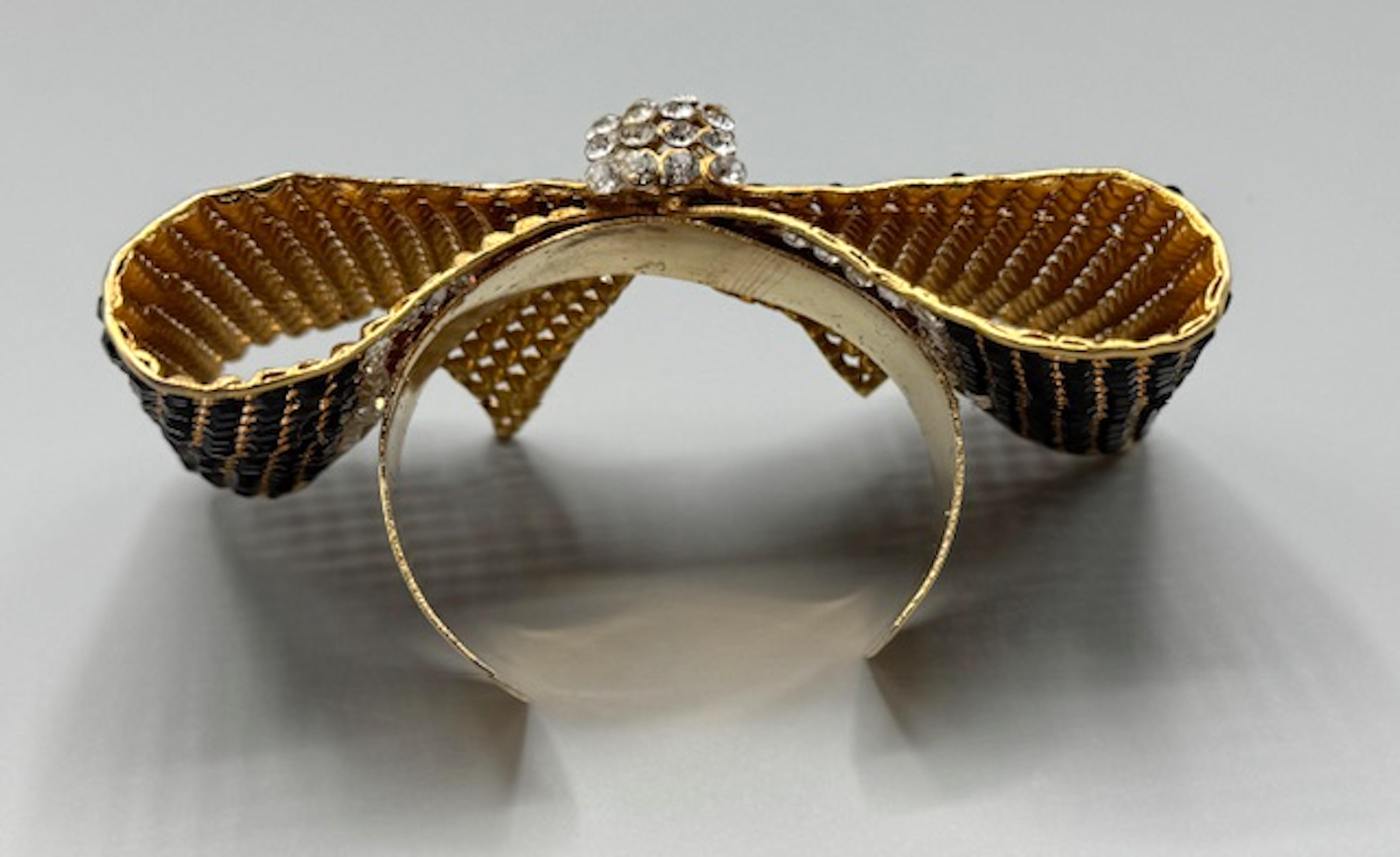 Valentino Night 1980s Bracciale grande con fiocco in oro, nero e strass trasparenti 7