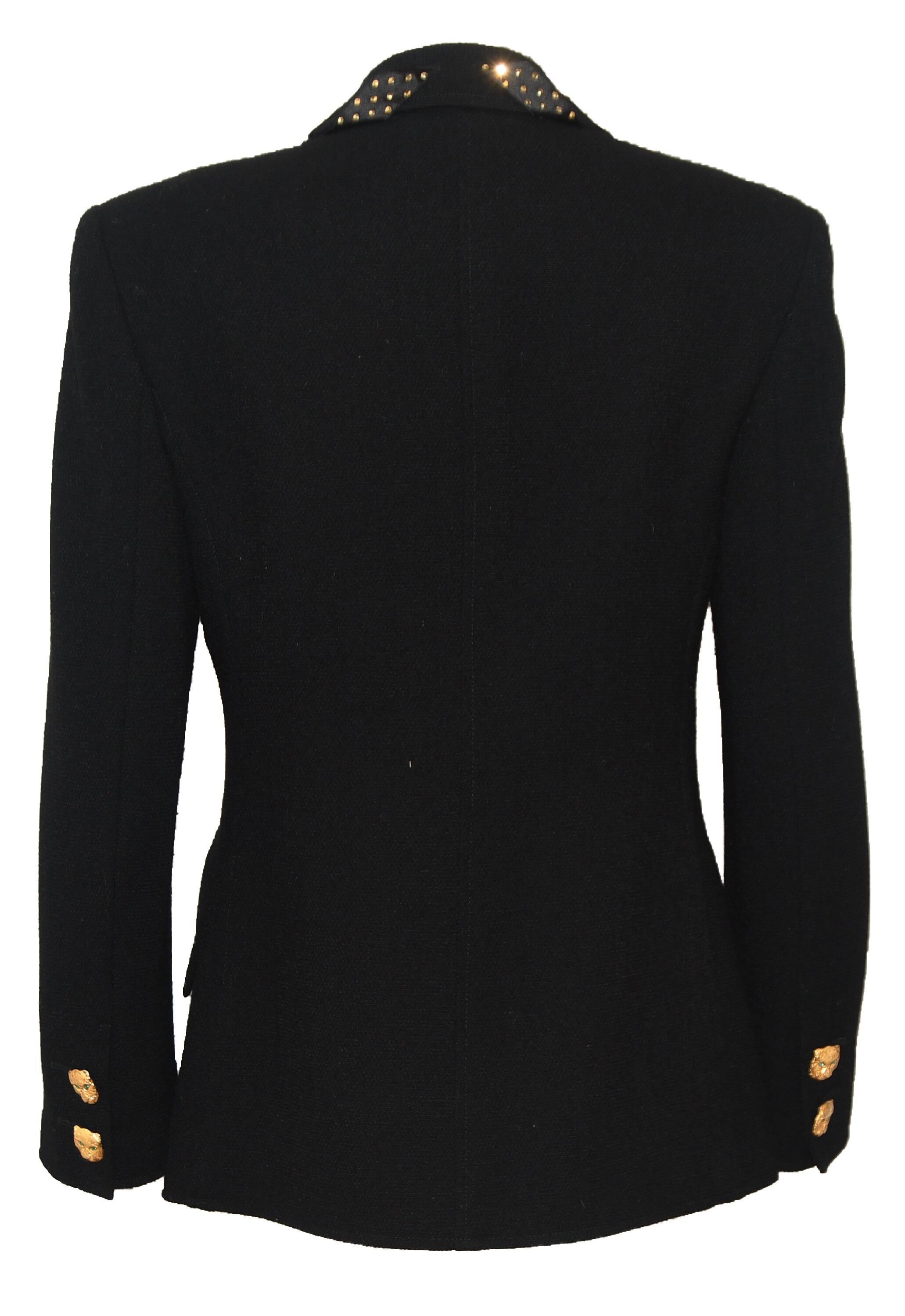 Valentino Night Black  Jacket Ribbon W/Gold Tone Crystals & Gold Leopard Buttons In Excellent Condition In Palm Beach, FL