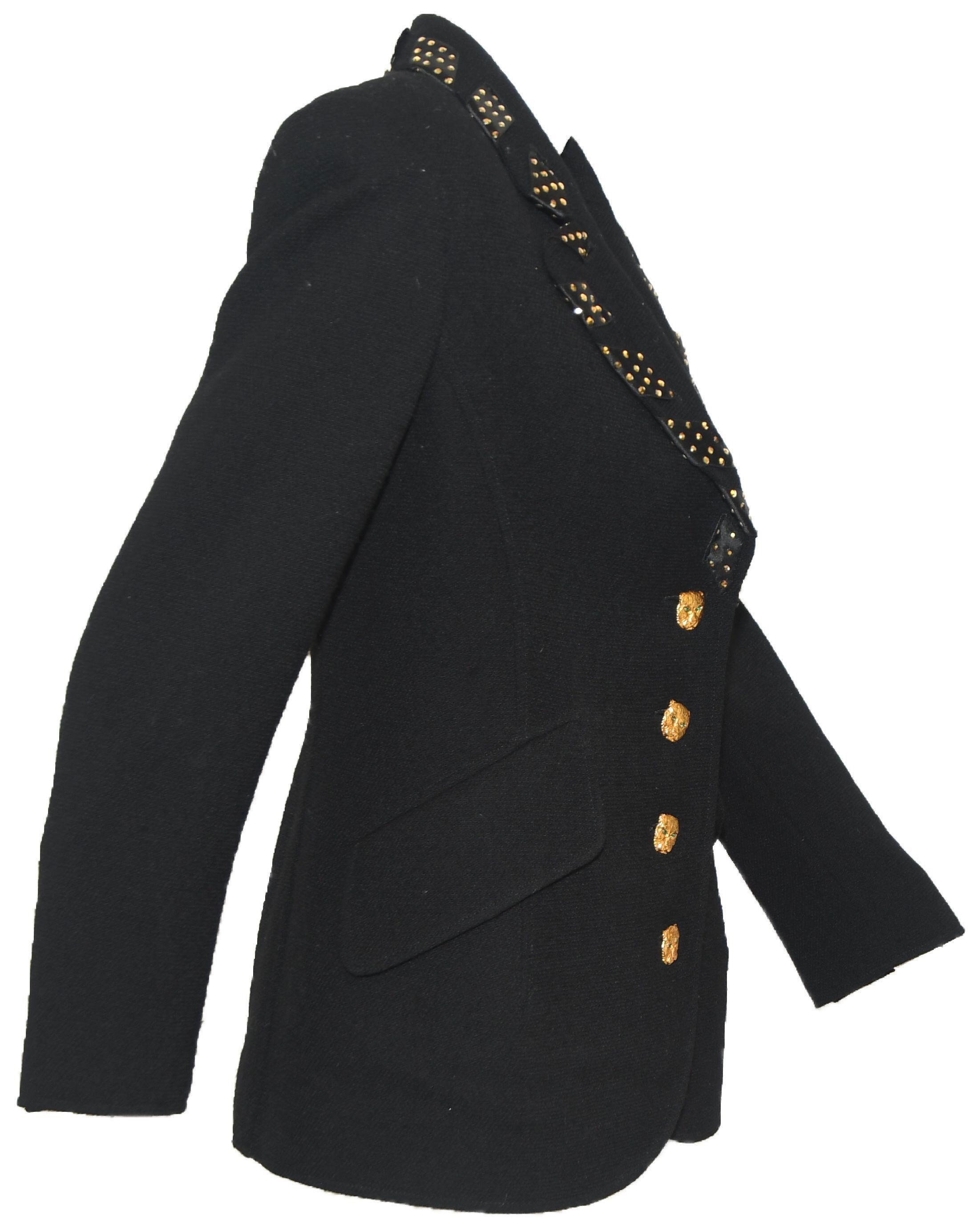 Women's Valentino Night Black  Jacket Ribbon W/Gold Tone Crystals & Gold Leopard Buttons