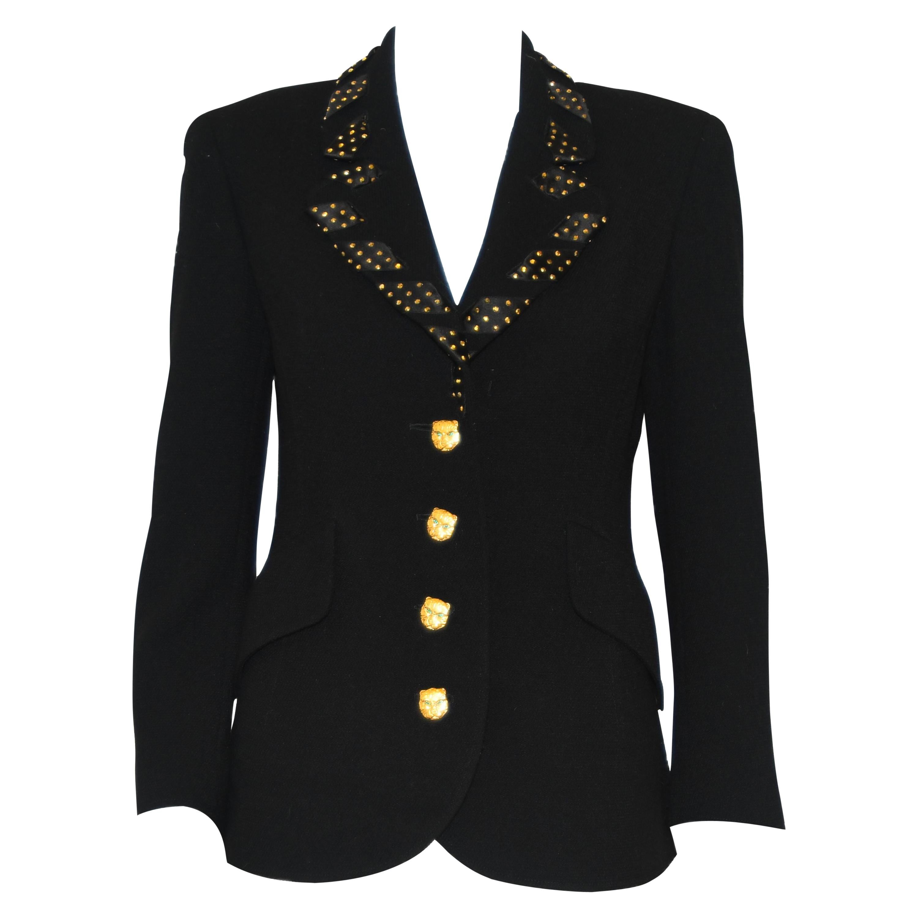 Valentino Night Black  Jacket Ribbon W/Gold Tone Crystals & Gold Leopard Buttons