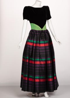 Valentino Night Black Velvet Red Green Purple Striped Silk Gown, 1990s