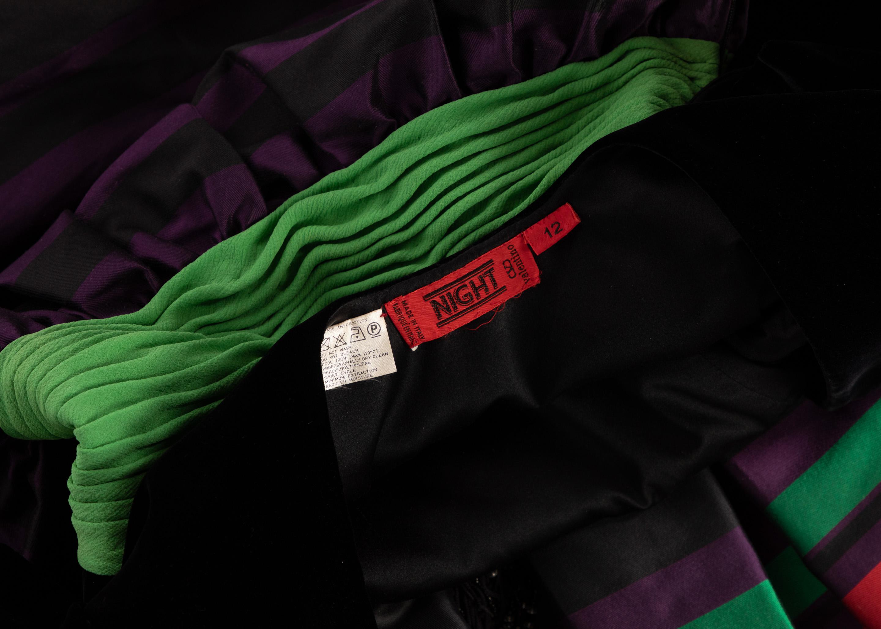 Valentino Night Black Velvet Red Green Purple Striped Silk Gown, 1990s 2