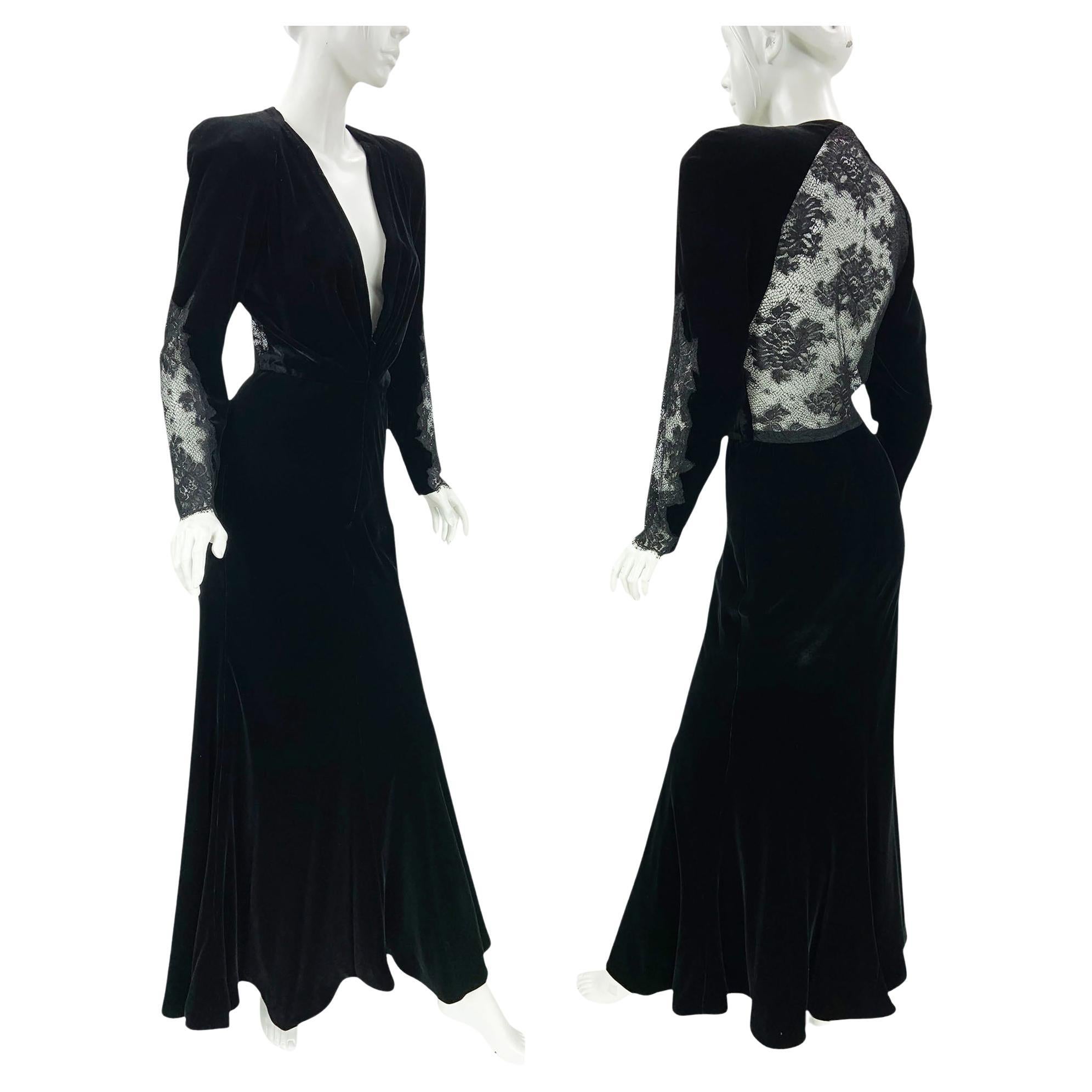 Valentino Night Vintage Black Velvet & Lace Plunging Gown, c. 1980s–1990s US 6 For Sale