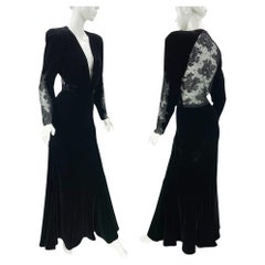 Valentino Night Vintage Black Velvet & Lace Plunging Gown, c. 1980s–1990s US 6