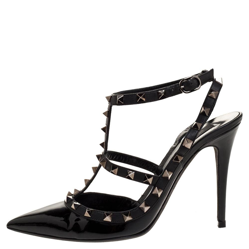 Instantly recognizable, the Rockstud sandals from Valentino are one of the most iconic styles from the brand. These sandals have been crafted from patent leather and styled with the signature Rockstud accents on the straps. They are complete with