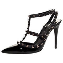 Valentino Noir Black Patent Leather Rockstud Strappy Sandals Size 40