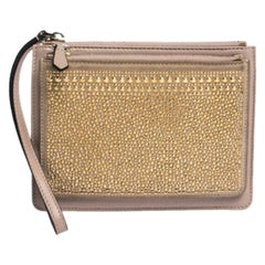 Valentino Nude Beige/Gold Leather and Suede Studded Wristlet Pouch