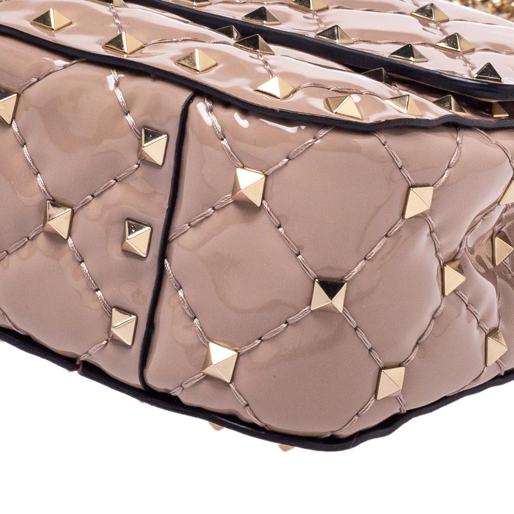 Women's Valentino Nude Beige Patent Leather Rockstud Spike Top Handle Bag