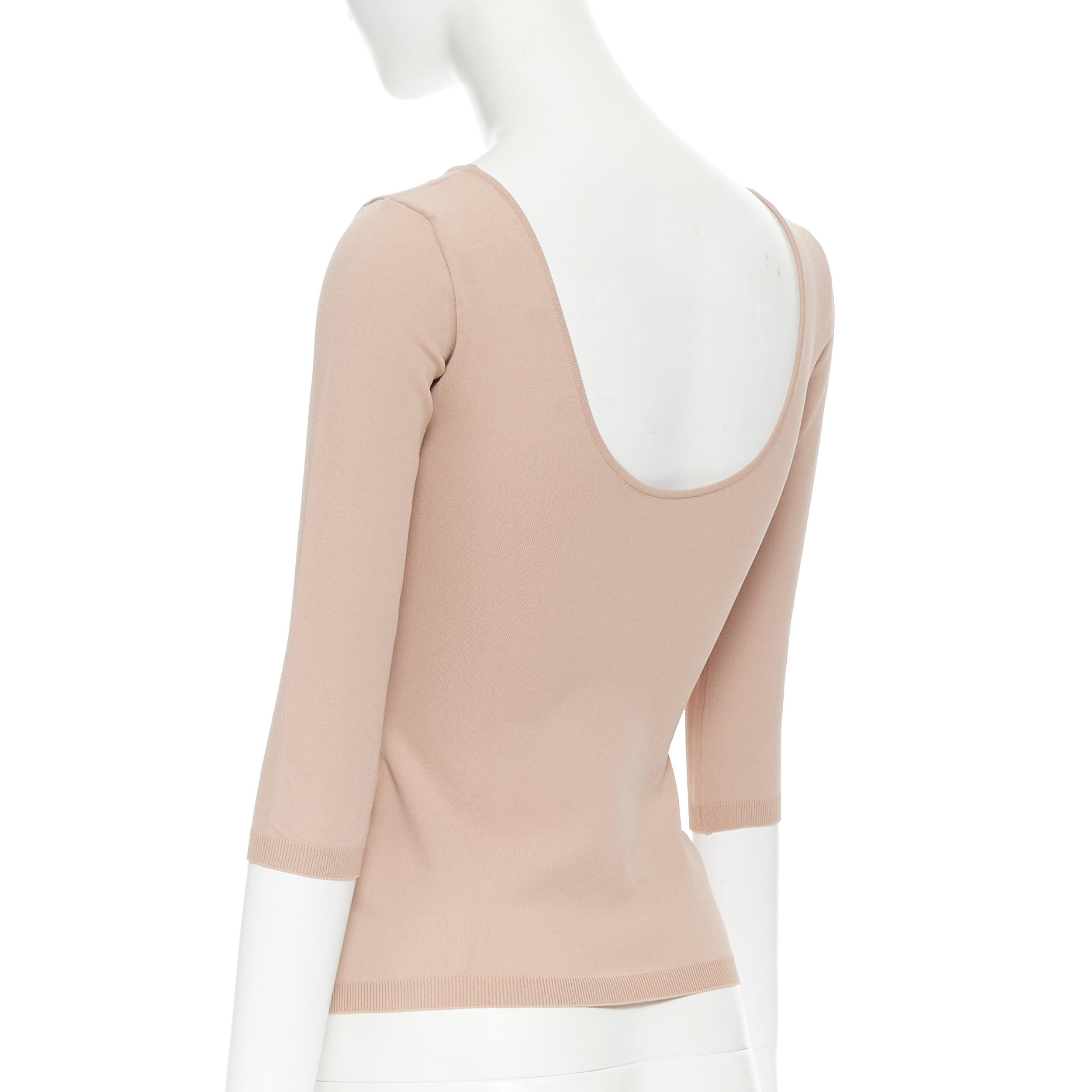 Beige VALENTINO nude beige viscose knit U-neck 3/4 sleeve bodycon stretch top S