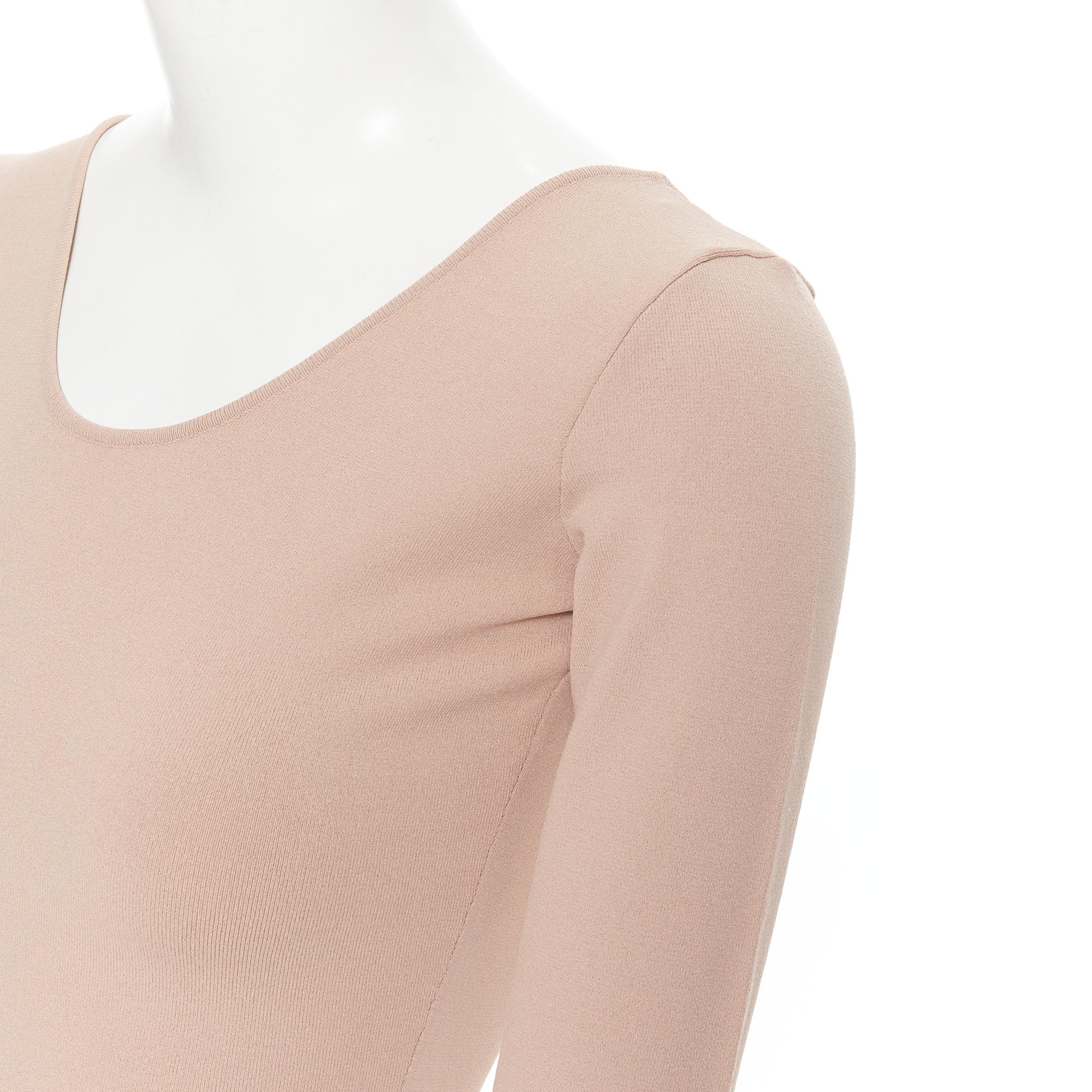 Women's VALENTINO nude beige viscose knit U-neck 3/4 sleeve bodycon stretch top S