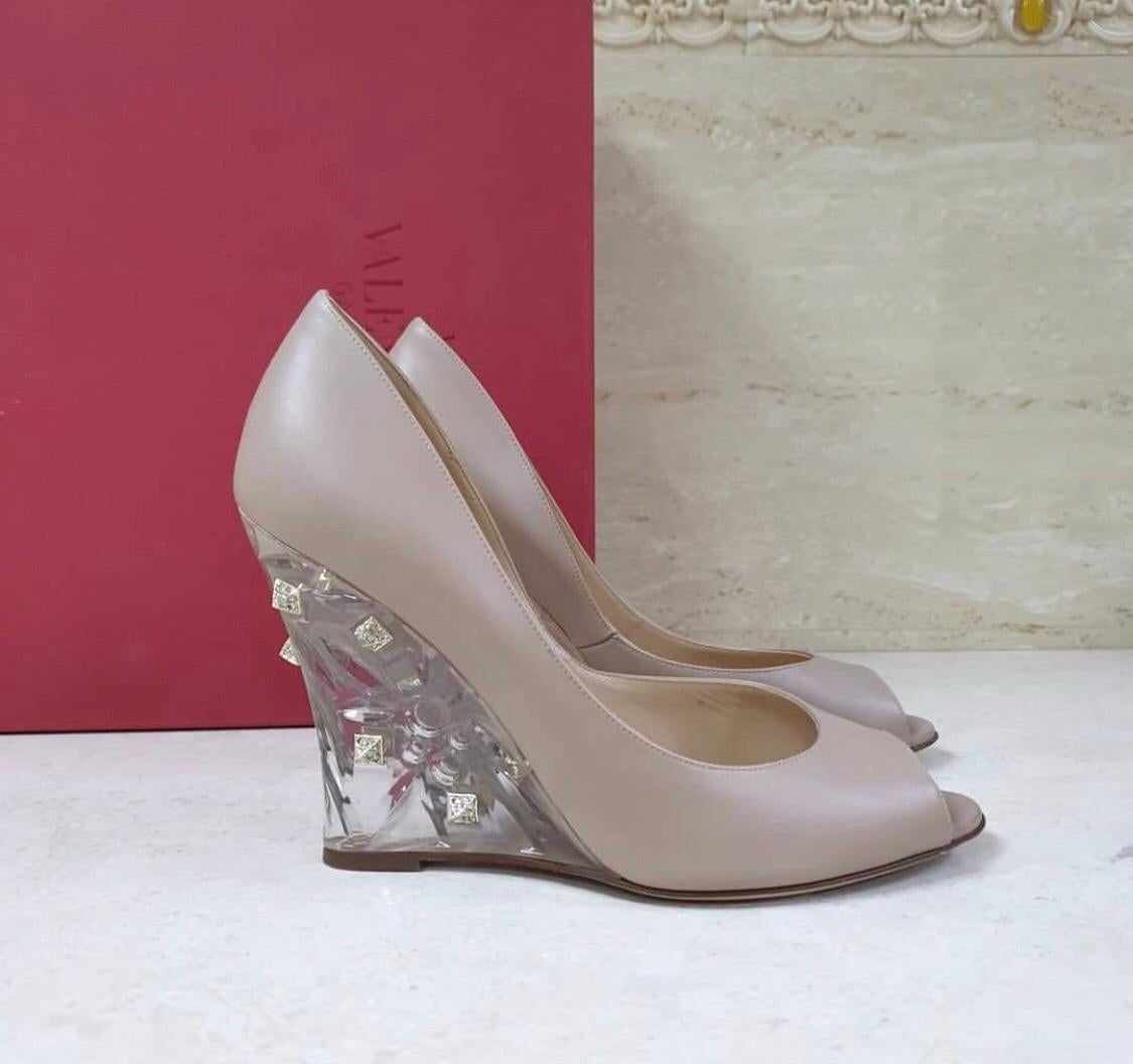 Gray Valentino Nude Clear Studded Wedges Leather Pumps 