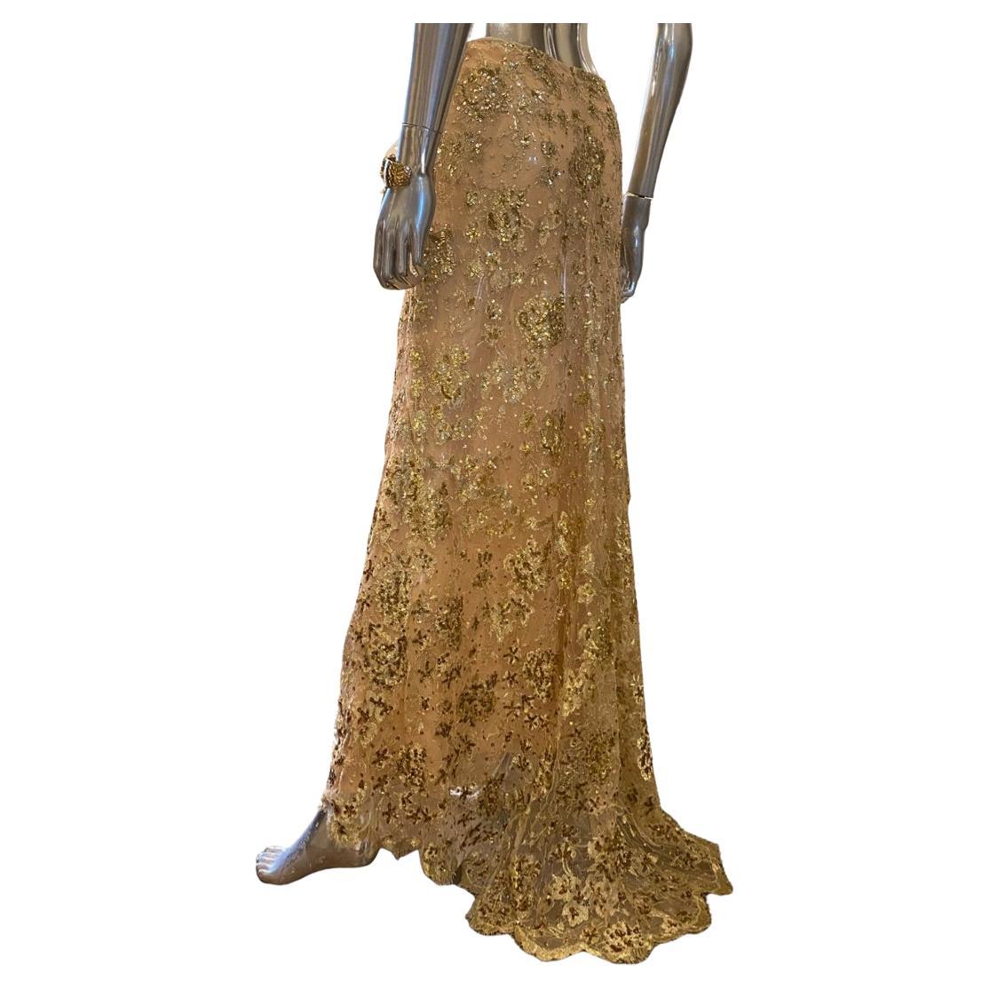 Valentino Nude Lace Skirt with Train Hand Beaded Sequins Gold Embroidery Size 8 For Sale