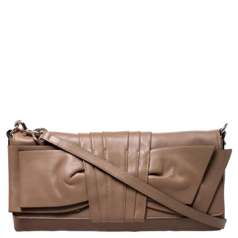 Brown Valentino Nude Leather Bow Flap Clutch