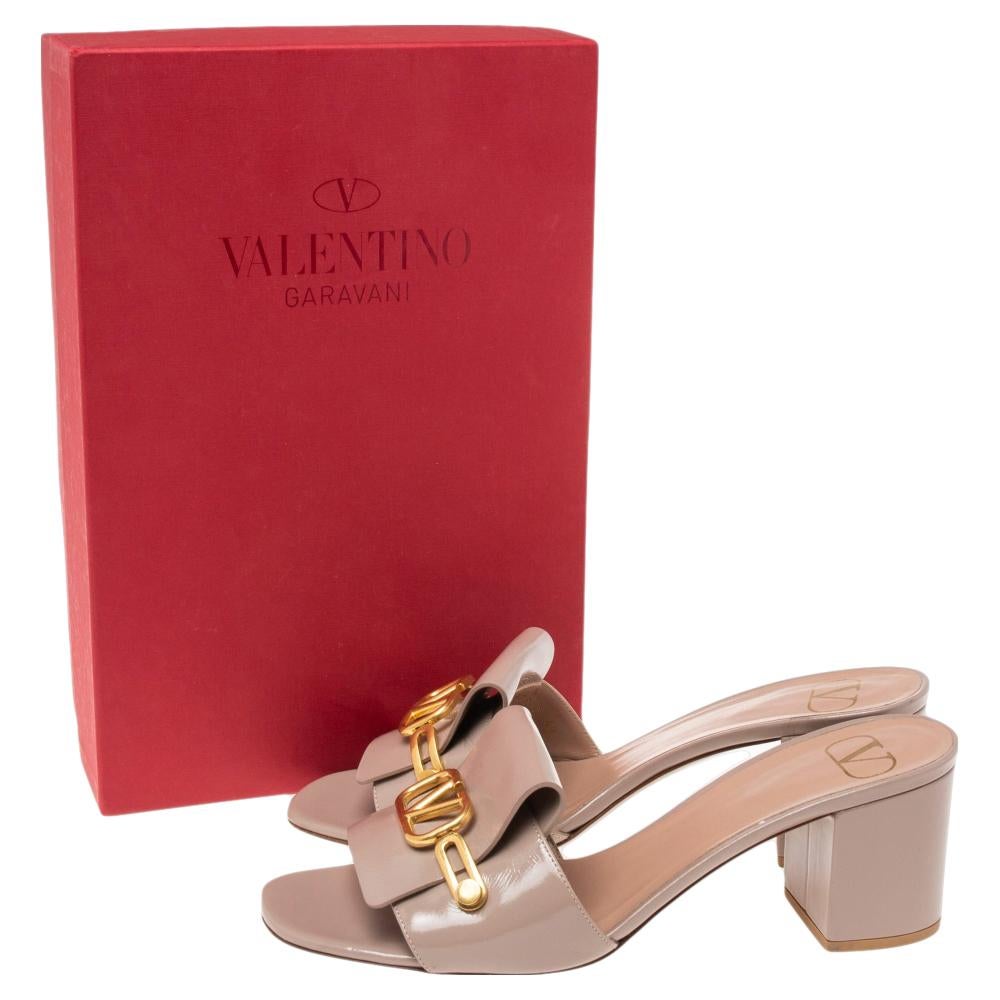 Women's Valentino Nude Patent Leather VLogo Block Heel Slide Sandals Size 40