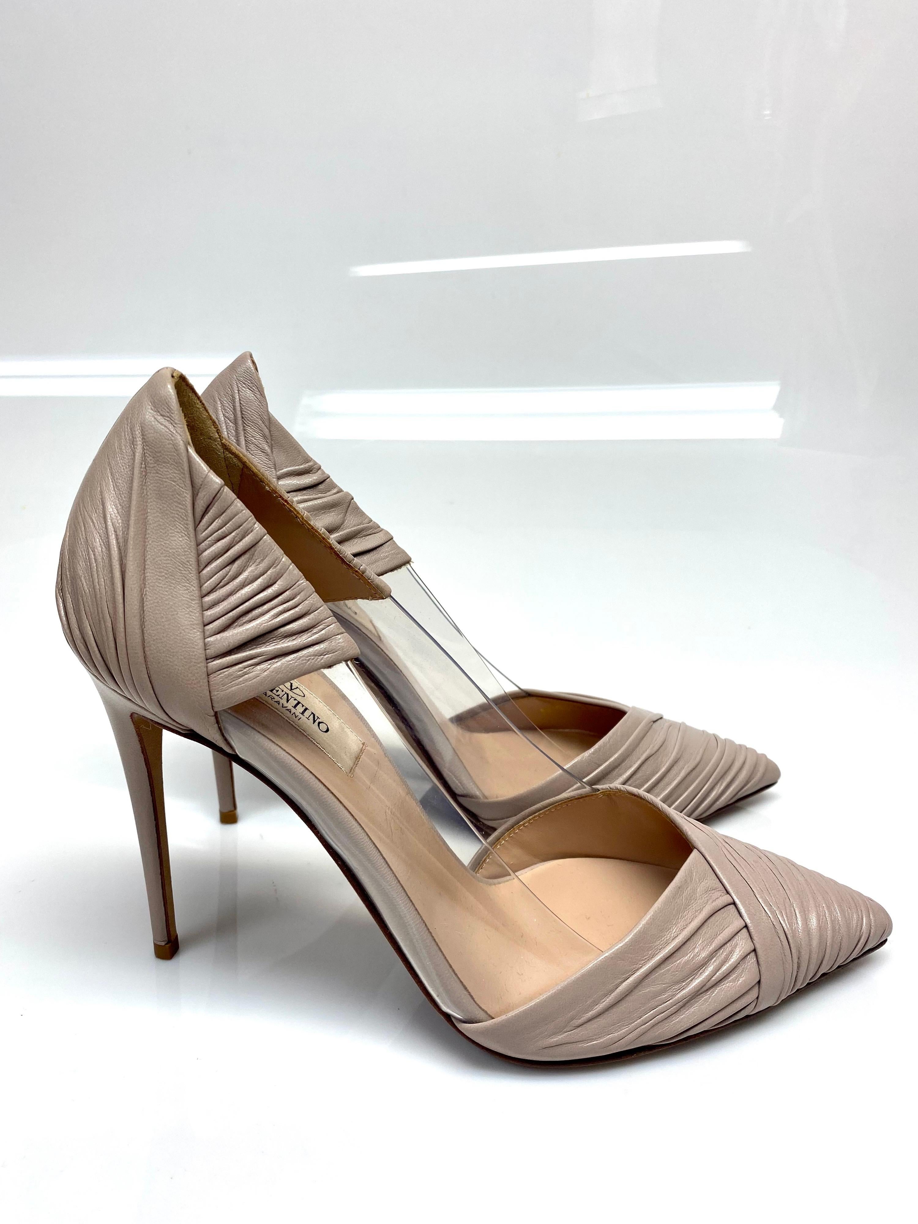 Brown Valentino Nude Ruched Leather Perspex Plastic Heels Pumps - Size 37.5