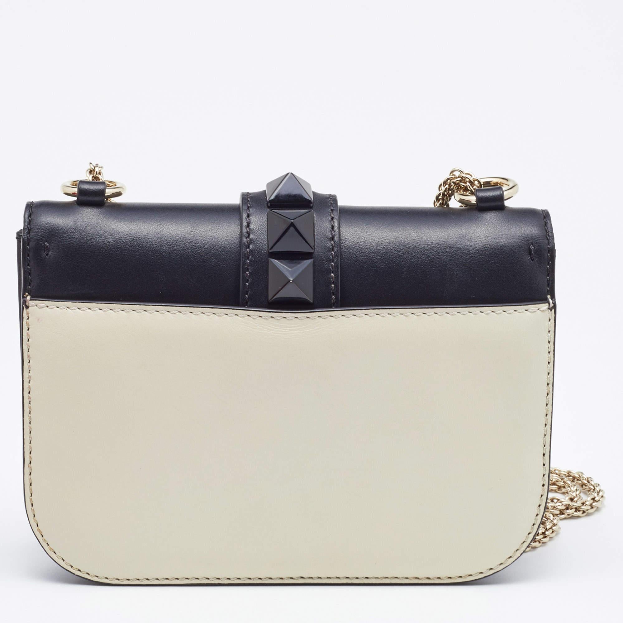 Valentino Off White/Black Leather Small Rockstud Glam Lock Flap Bag 6