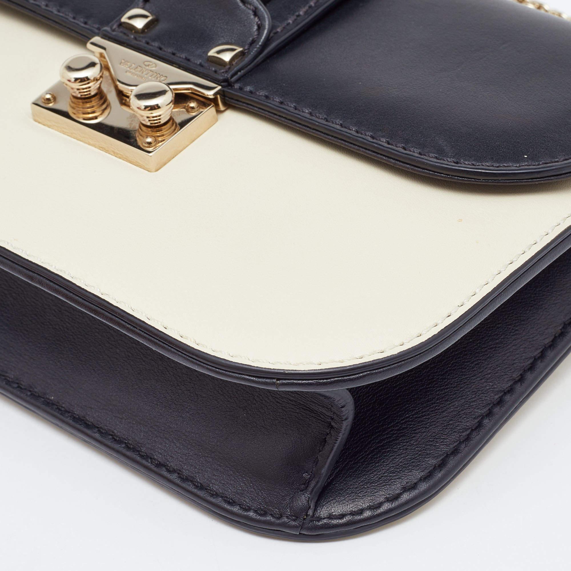 Valentino Off White/Black Leather Small Rockstud Glam Lock Flap Bag 7