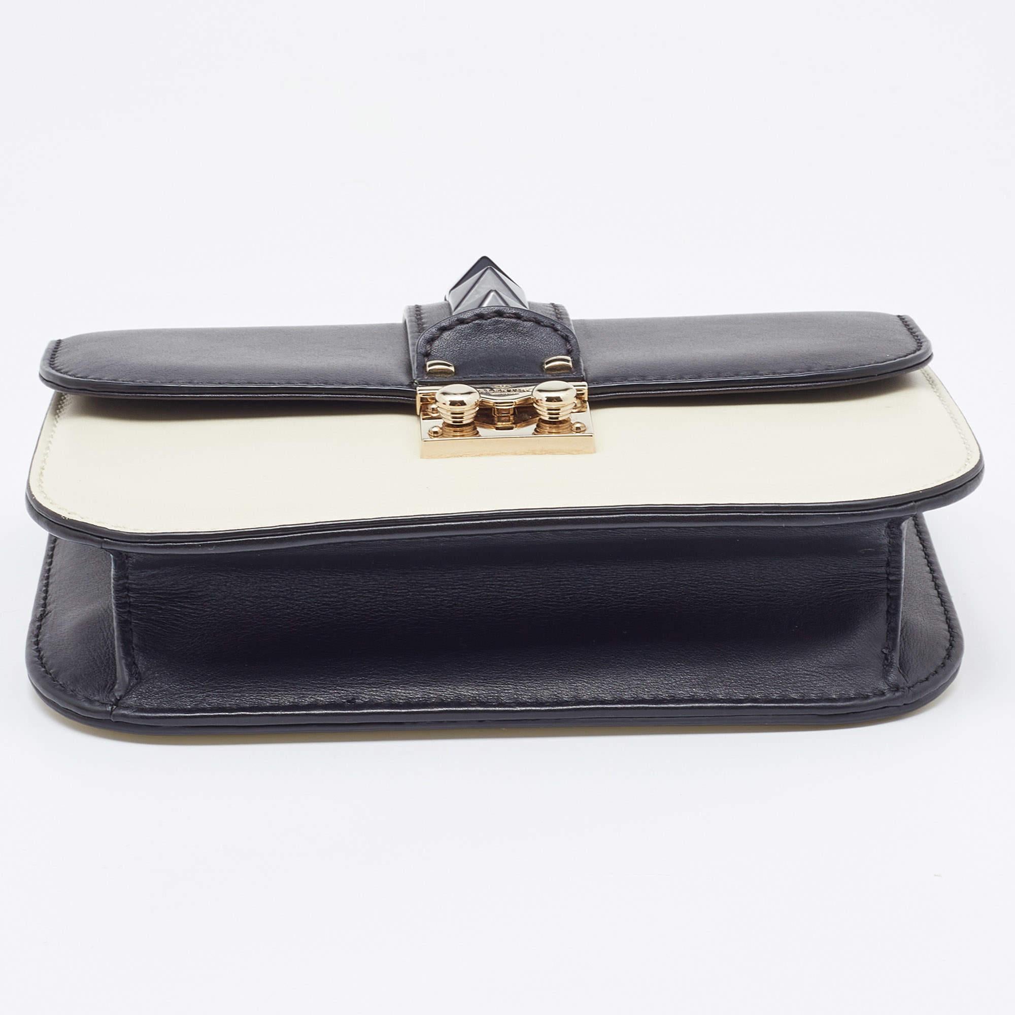 Valentino Off White/Black Leather Small Rockstud Glam Lock Flap Bag 1