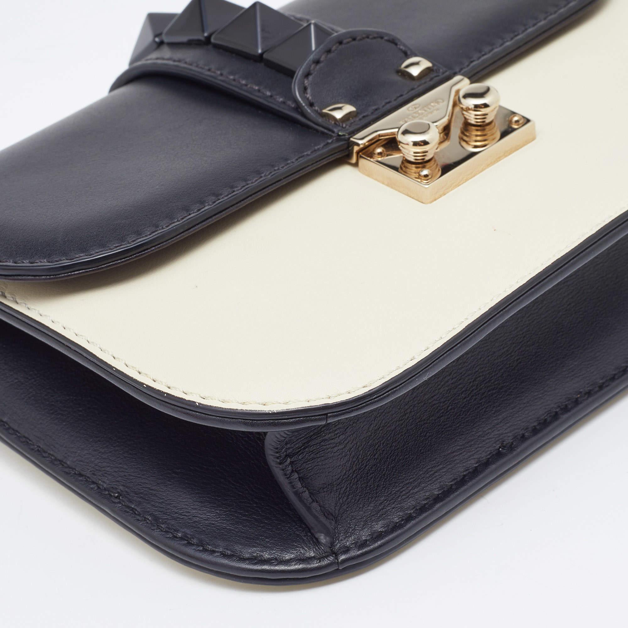 Valentino Off White/Black Leather Small Rockstud Glam Lock Flap Bag 2