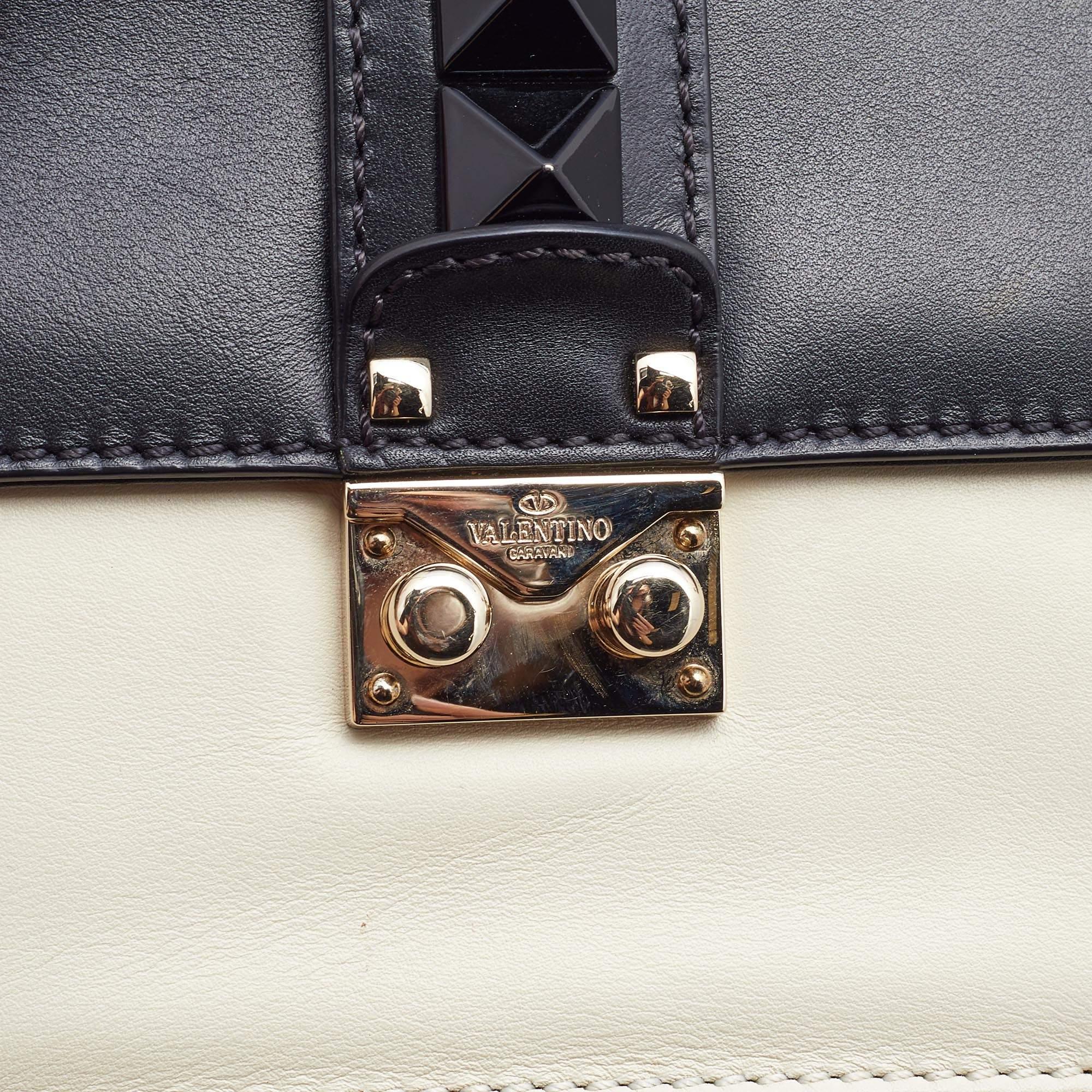 Valentino Off White/Black Leather Small Rockstud Glam Lock Flap Bag 3