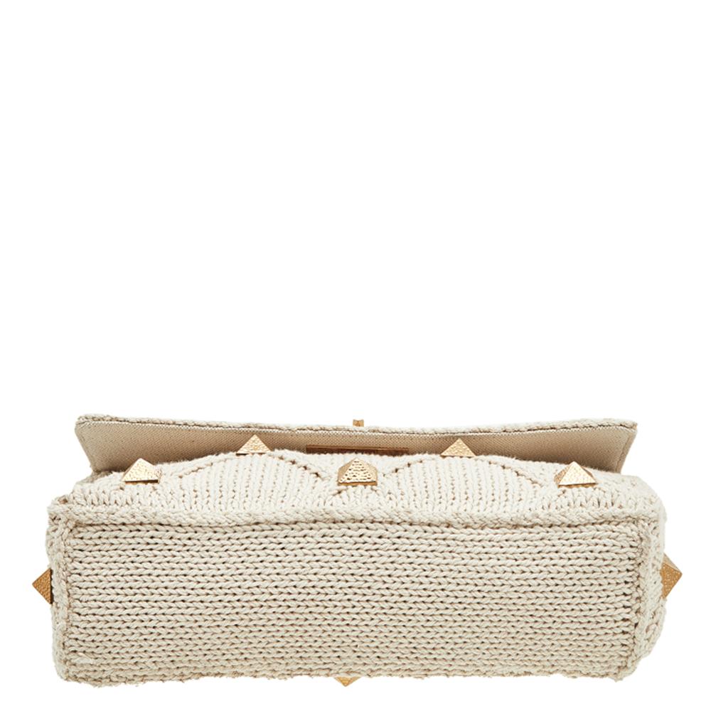 Valentino Off White Knitted Fabric Roman Stud Top Handle Bag 3