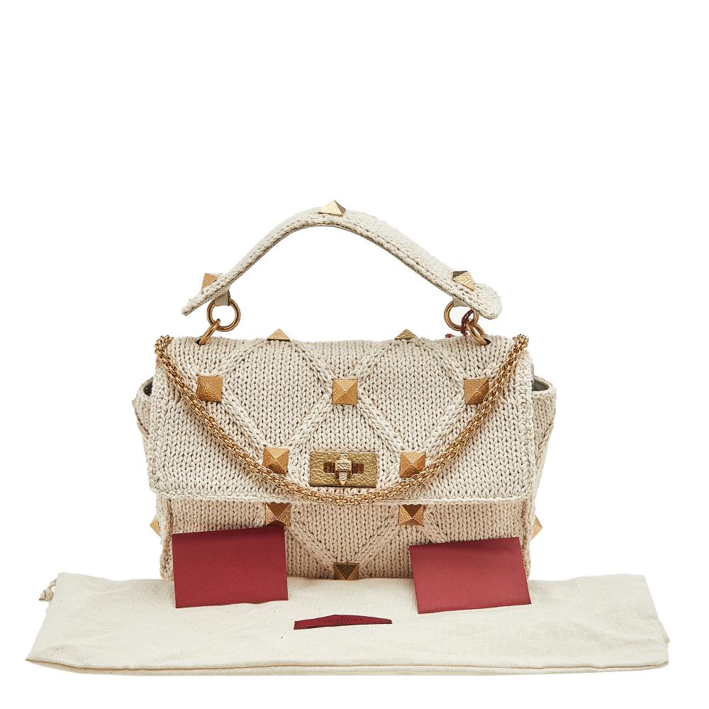 Women's Valentino Off White Knitted Fabric Roman Stud Top Handle Bag