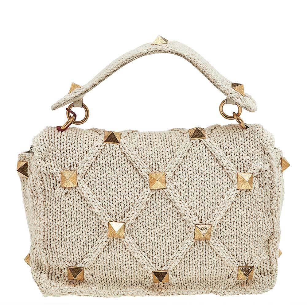 Valentino Off White Knitted Fabric Roman Stud Top Handle Bag 1