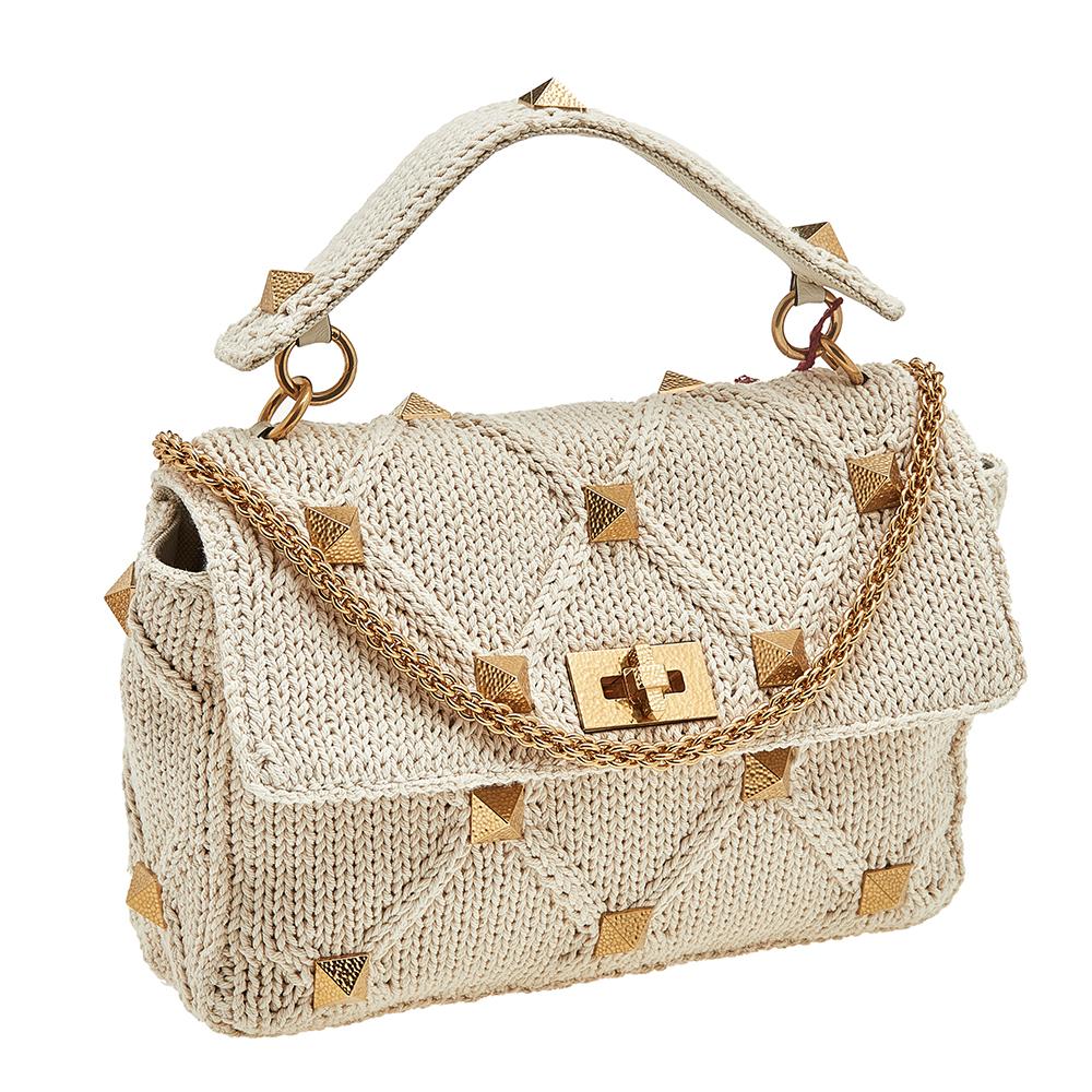 Valentino Off White Knitted Fabric Roman Stud Top Handle Bag 2