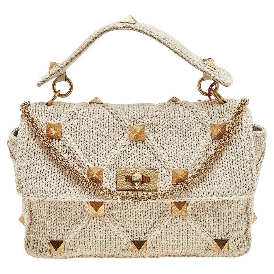 Valentino Off White Knitted Fabric Roman Stud Top Handle Bag