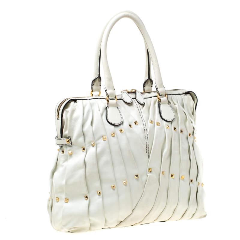 Valentino Off White Leather Maison Pintucked Shopper Tote For Sale 3