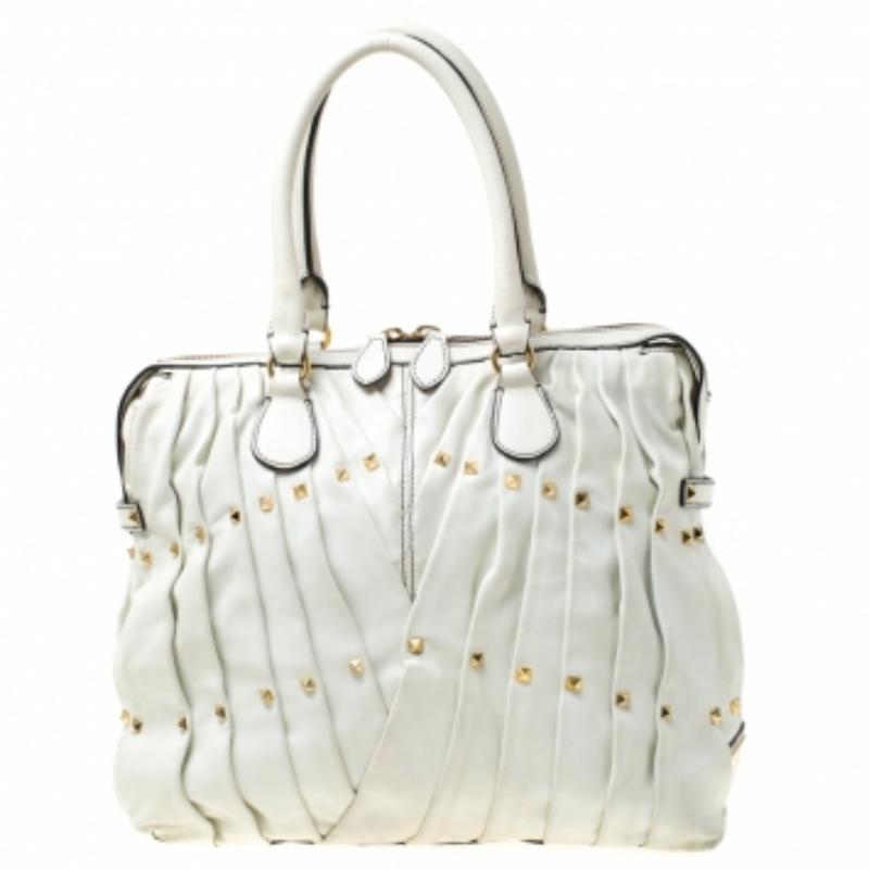 Valentino Bolso Shopper Maison Pintucked de piel blanco roto en venta 4