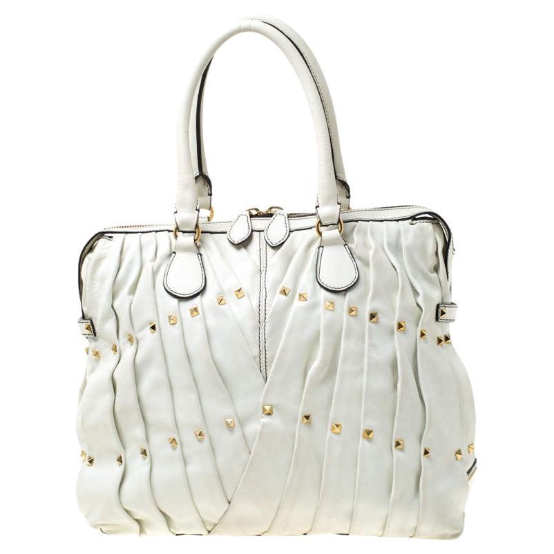 Valentino Off White Leather Maison Pintucked Shopper Tote For Sale