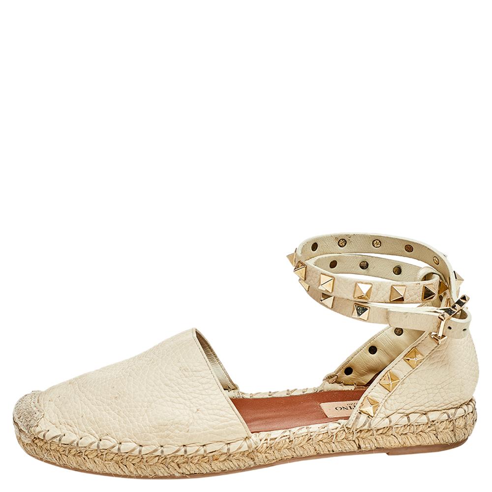 Beige Valentino Off-White Leather Rockstud Espadrille Ankle Strap Flats Size 36