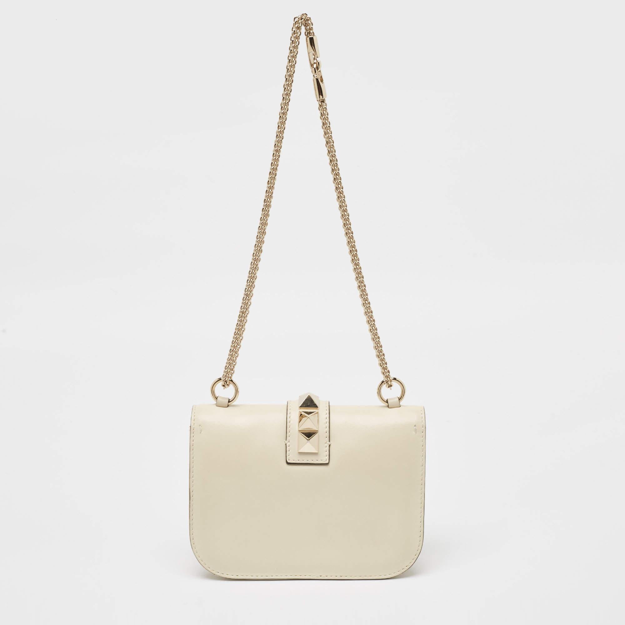 Valentino Off White Leather Small Rockstud Glam Lock Flap Bag For Sale 8
