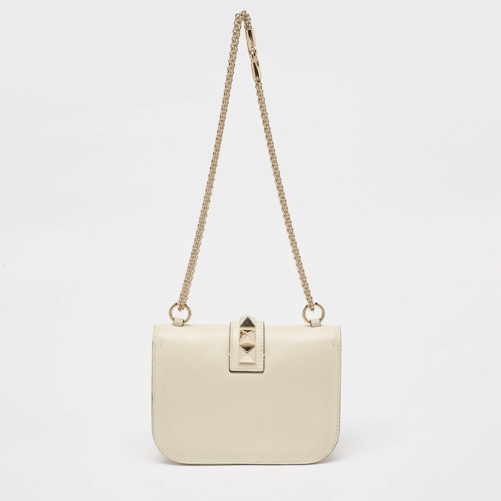 Valentino Off White Leather Small Rockstud Glam Lock Flap Bag For Sale 1