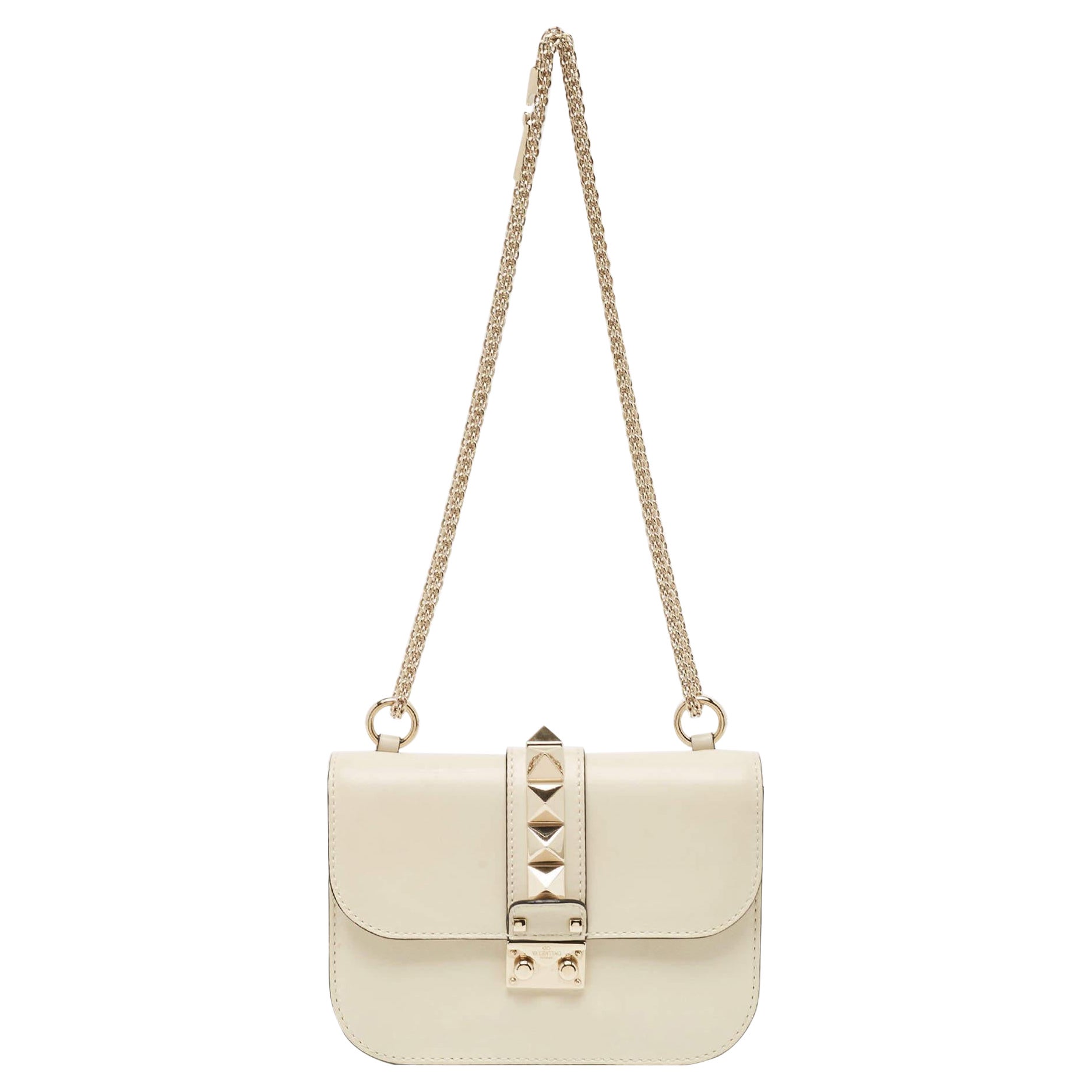 Valentino Off White Leather Small Rockstud Glam Lock Flap Bag