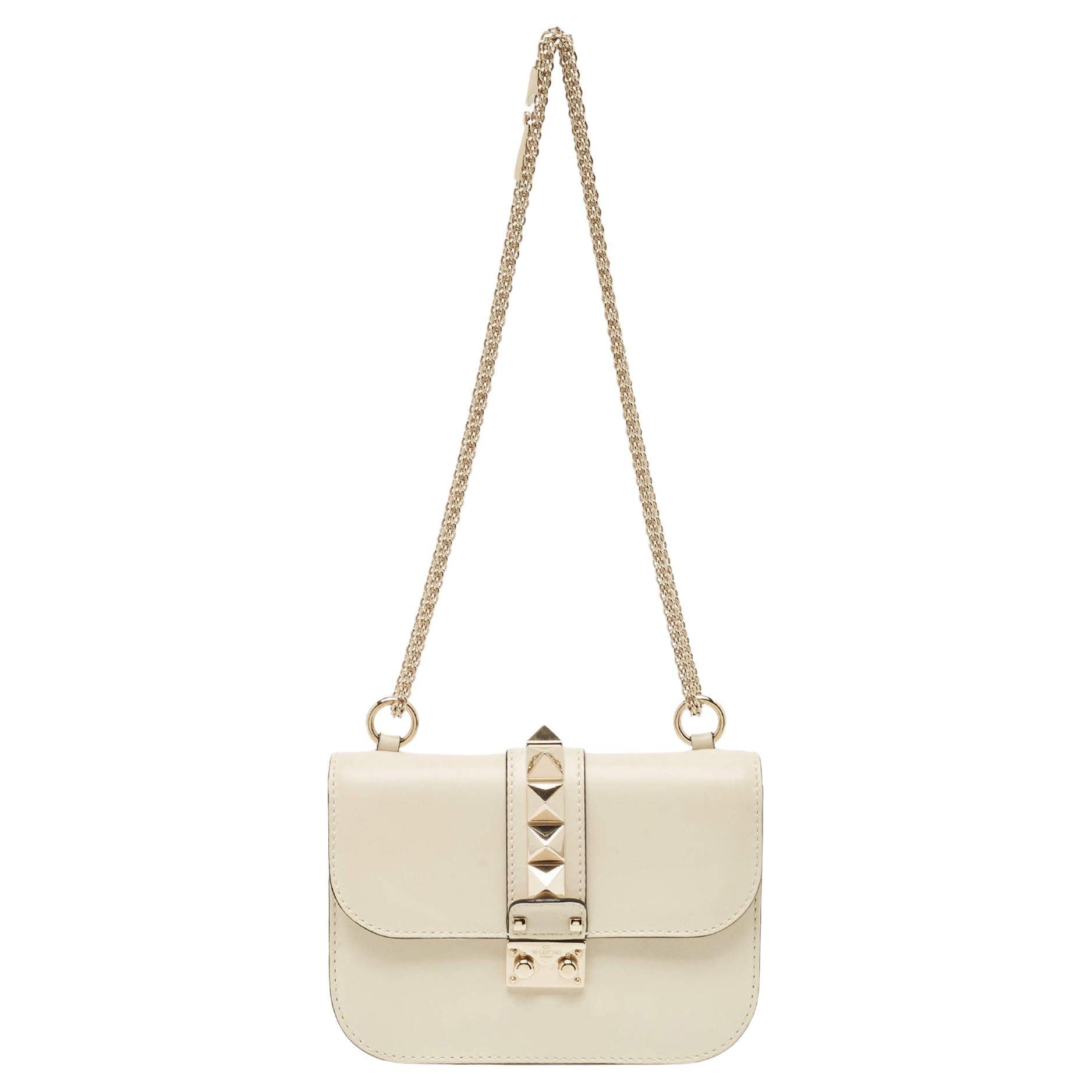 Valentino Off White Leather Small Rockstud Glam Lock Flap Bag