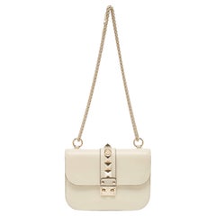 Valentino Off White Leather Small Rockstud Glam Lock Flap Bag