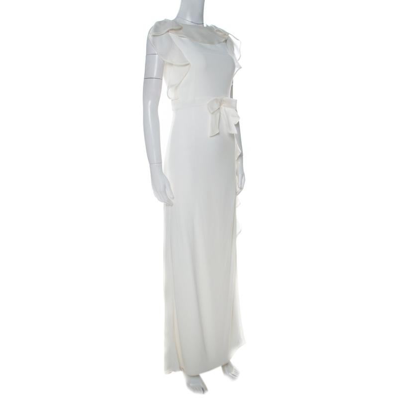 Gray Valentino Off White Stretch Knit Ruffle Detail Sleeveless Gown S