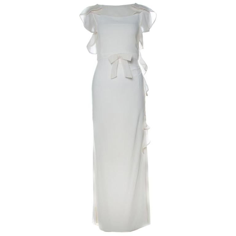 Valentino Off White Stretch Knit Ruffle Detail Sleeveless Gown S at 1stDibs  | valentino white dress