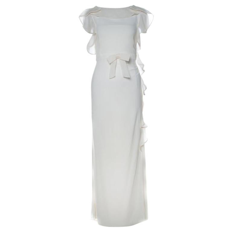 Valentino Off White Stretch Knit Ruffle Detail Sleeveless Gown S