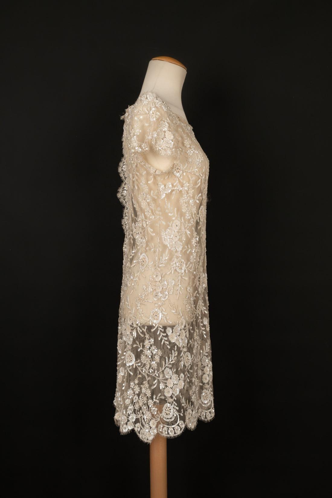 Women's Valentino Off-White Tulle Dress Entirely Embroidered with Sequins For Sale