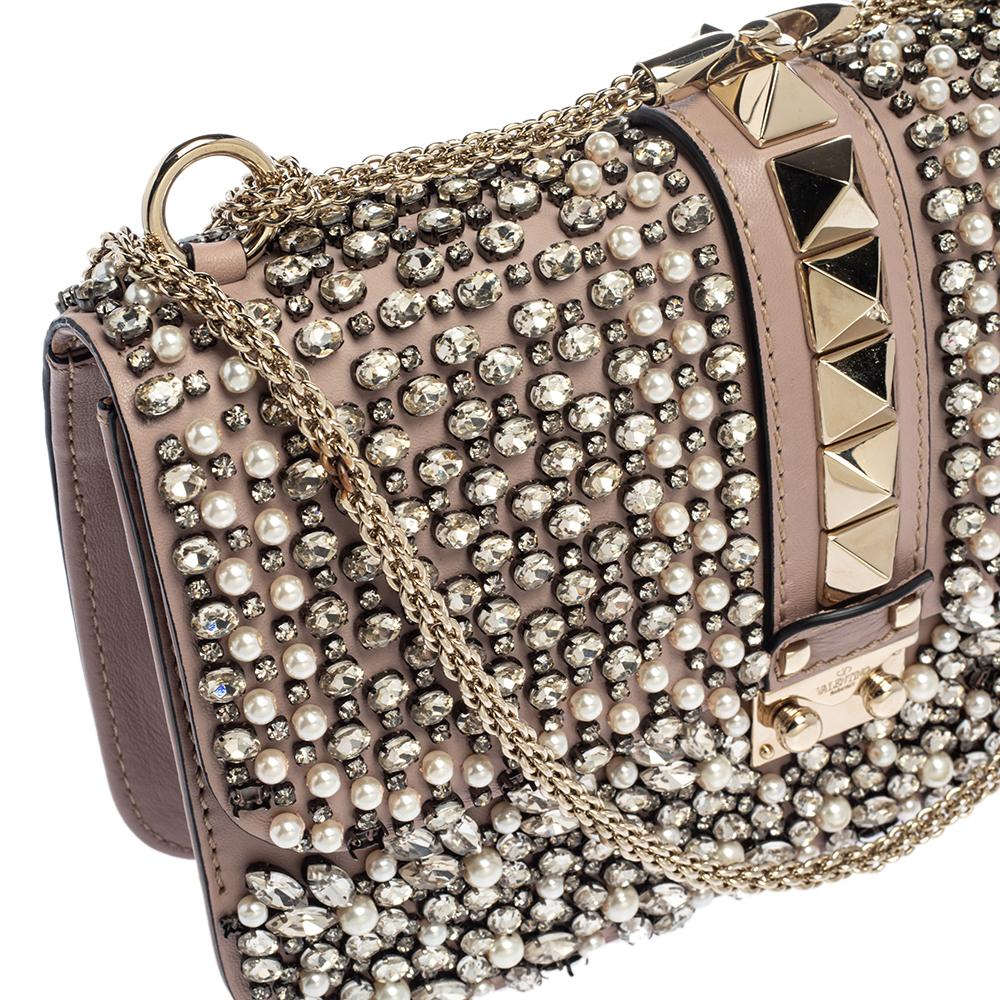Valentino Old Rose Crystal/Beads Embellished Leather Medium Glam Lock Flap Bag 3