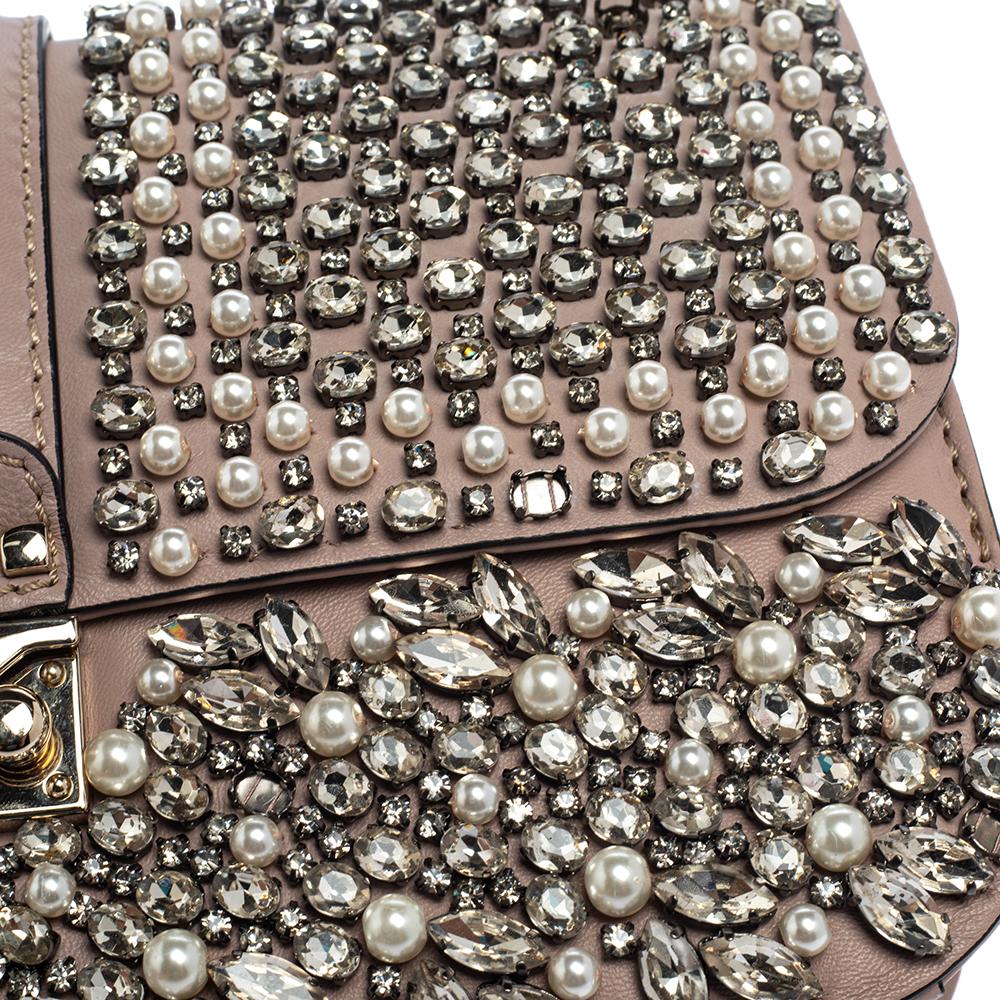 Valentino Old Rose Crystal/Beads Embellished Leather Medium Glam Lock Flap Bag 6