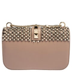 Valentino Old Rose Crystal/Beads Embellished Leather Medium Glam Lock Flap Bag