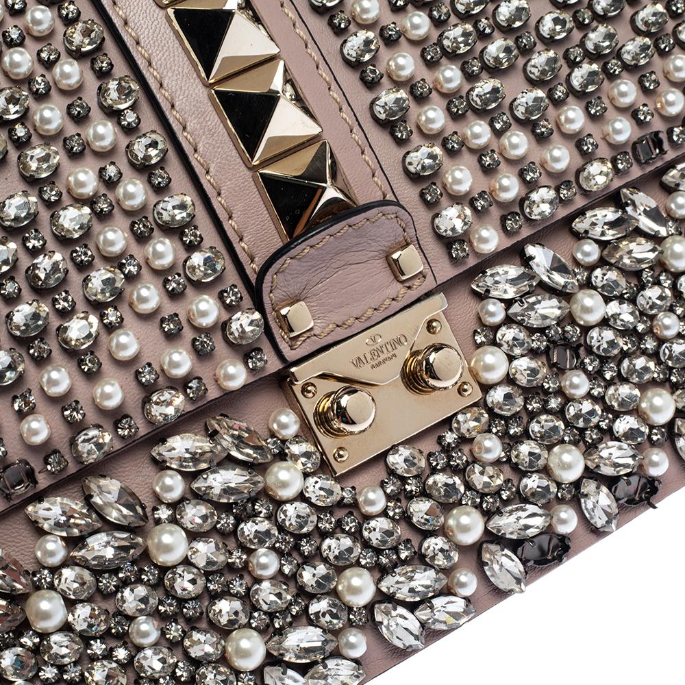 Brown Valentino Old Rose Crystal/Beads Embellished Leather Medium Glam Lock Flap Bag