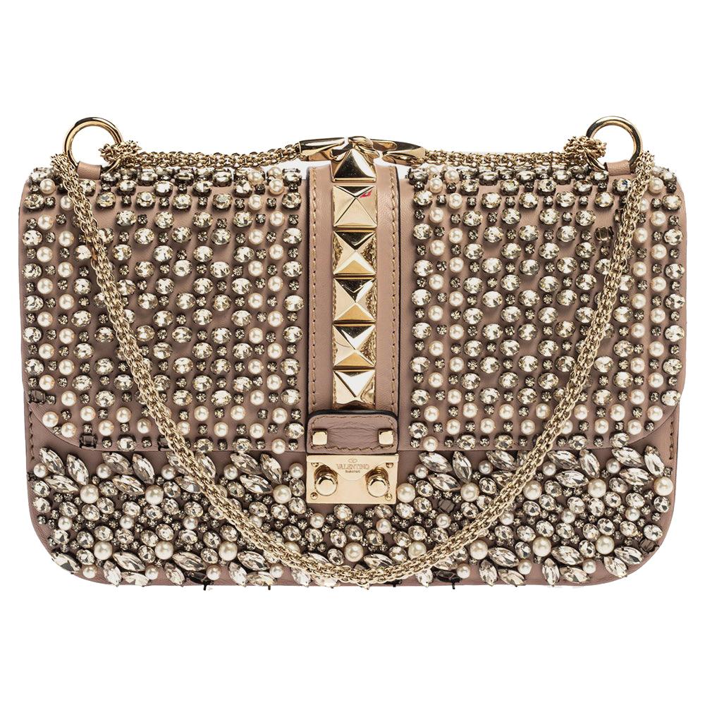 Valentino Old Rose Crystal/Beads Embellished Leather Medium Glam Lock Flap Bag