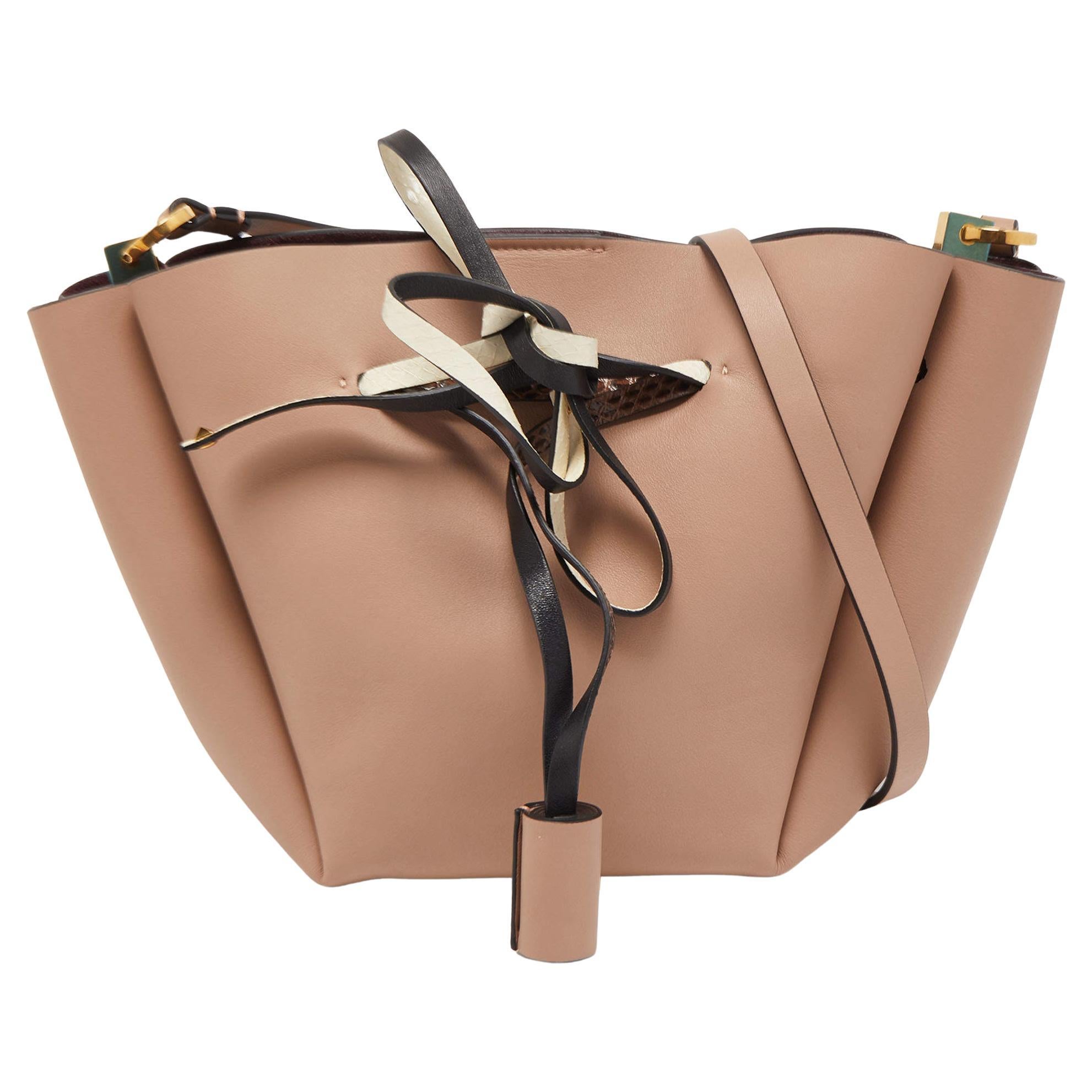 Valentino Old Rose Leather and Snake Drawstring VLogo Bucket Bag